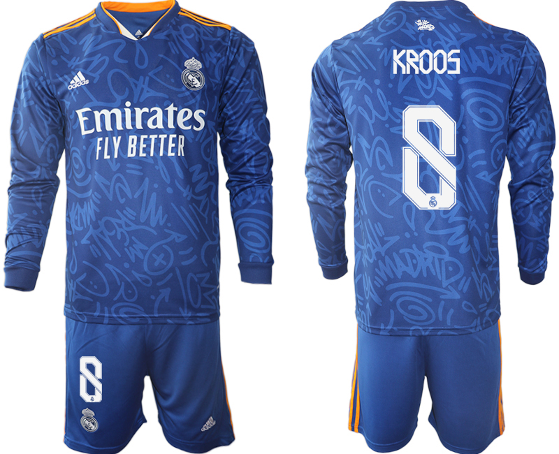 Men 2021-2022 Club Real Madrid away blue Long Sleeve #8 Soccer Jersey